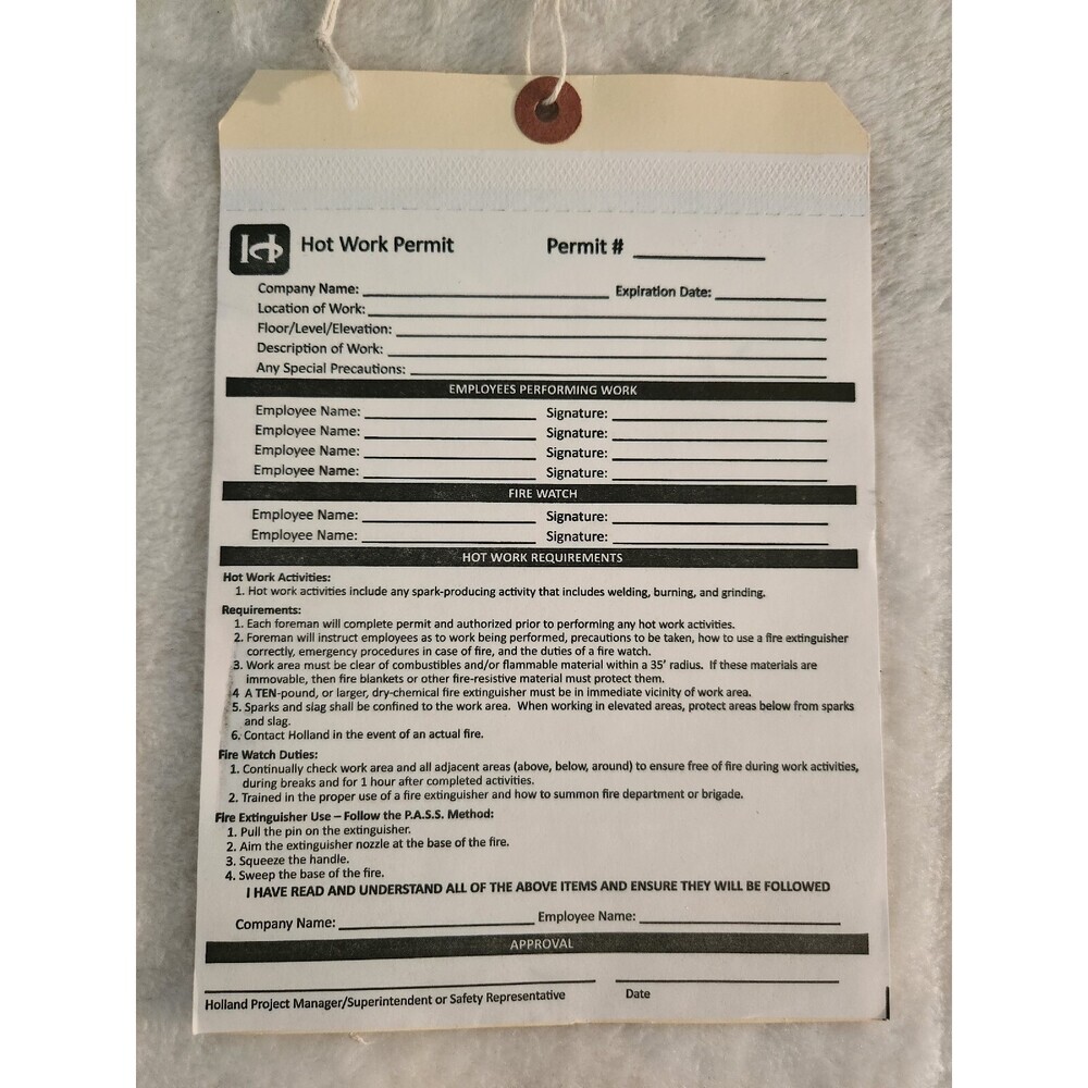 Hot Work Permit Tag 50-pk. -Carbon Copy, Cardstock, 5.5 x 8.0 " Tie String NEW